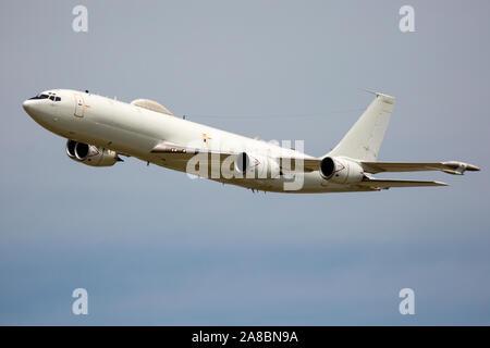 A U.S. Navy E-6 Mercury performs a flyby at the Star Spangled Salute Air & Space Show at Tinker Air Force Base. Stock Photo