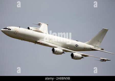 A U.S. Navy E-6 Mercury performs a flyby at the Star Spangled Salute Air & Space Show at Tinker Air Force Base. Stock Photo