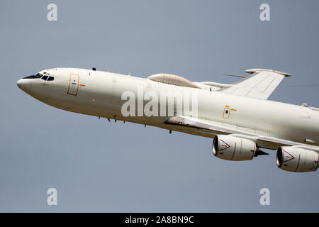 A U.S. Navy E-6 Mercury performs a flyby at the Star Spangled Salute Air & Space Show at Tinker Air Force Base. Stock Photo