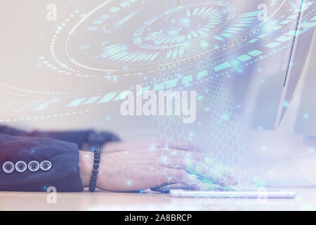 Young male Businessman working on modern computer. Businessman using innovative technologies. Businessman working on computer, software developing wit Stock Photo