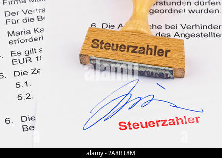 Holzstempel, Formulare im Hintergrund, Aufschrift: Steuerzahler Stock Photo