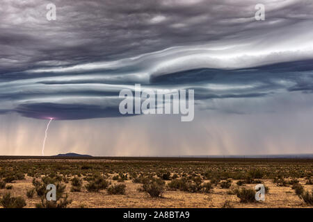 Dramatic shelf cloud and lightning strike from a storm near Las Cruces, New Mexico Stock Photo