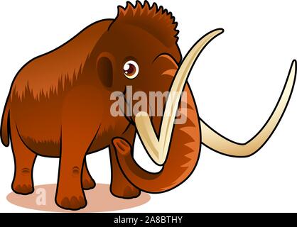 Cartoon brown mammoth smiling showing trunk and tunk standing strongly and firmly. Stock Vector