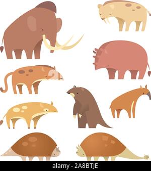 stylized cartoon Prehistoric mammals set of illustrations Stock Vector