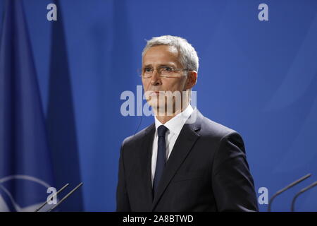 Berlin, Germany. 11th July, 2019. Jens Stoltenberg in the Chancellery. German Chancellor Angela Merkel receives NATO Secretary General Jens Stoltenberg on 7 November for a working visit to the Federal Chancellery. In addition to exchanging views on current issues, the exchange of views will include, in particular, the forthcoming NATO Heads of Government meeting in London on 3 and 4 December 2019, which celebrates the 70th anniversary of the Alliance. (Photo by Simone Kuhlmey/Pacific Press) Credit: Pacific Press Agency/Alamy Live News Stock Photo