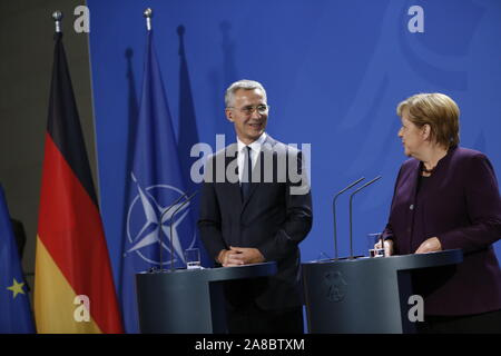 Berlin, Germany. 11th July, 2019. Chancellor Angela Merkel and Jens Stoltenberg in the Chancellery. German Chancellor Angela Merkel receives NATO Secretary General Jens Stoltenberg on 7 November for a working visit to the Federal Chancellery. In addition to exchanging views on current issues, the exchange of views will include, in particular, the forthcoming NATO Heads of Government meeting in London on 3 and 4 December 2019, which celebrates the 70th anniversary of the Alliance. (Photo by Simone Kuhlmey/Pacific Press) Credit: Pacific Press Agency/Alamy Live News Stock Photo