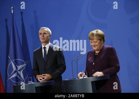 Berlin, Germany. 11th July, 2019. Chancellor Angela Merkel and Jens Stoltenberg in the Chancellery. German Chancellor Angela Merkel receives NATO Secretary General Jens Stoltenberg on 7 November for a working visit to the Federal Chancellery. In addition to exchanging views on current issues, the exchange of views will include, in particular, the forthcoming NATO Heads of Government meeting in London on 3 and 4 December 2019, which celebrates the 70th anniversary of the Alliance. (Photo by Simone Kuhlmey/Pacific Press) Credit: Pacific Press Agency/Alamy Live News Stock Photo