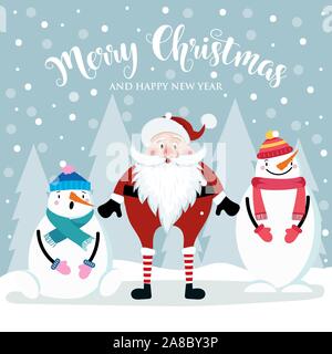 Christmas card with cute Santa and snowmen. Flat design. Vector Stock Vector