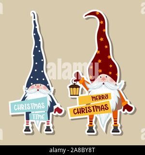 Christmas stickers collection with cute gnomes and wishes. Flat design Stock Vector