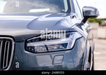 France Lyon 2019-06-18 closeup front part of car, bumper of sedan premium Volvo XC90 with EU licence plate on parking european town. Concept luxury fa Stock Photo