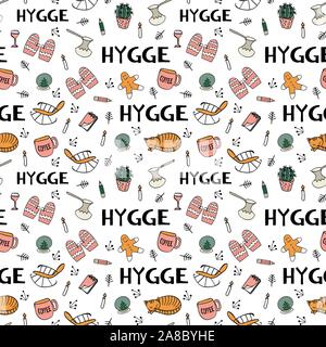 Seamless pattern with hygge hand drawn elements. Colored objects for cozy scandinavian design. Vector illustartion. Stock Vector