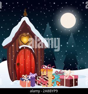 Magical Christmas scene with gnome house and presents Stock Vector