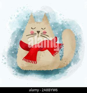 Cute watercolor cat in winter. Christmas card. Vector Stock Vector