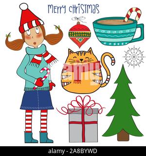 Cute hand drawn, Christmas items collection isolated on white Stock Vector