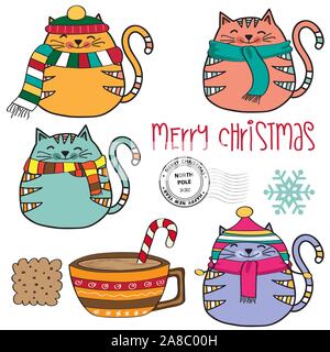 Cute cozy cats collection  and other Christmas elements Stock Vector