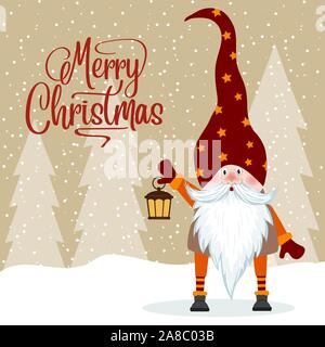Gnome and his lantern. Christmas card. Flat design. Stock Vector