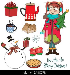 Hand drawn Christmas items collection isolated on white Stock Vector