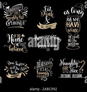 Huge  Christmas quotes collection isolated on black. Vector Stock Vector