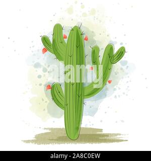 Watercolor cactus blooming. Succulent plant. Stock Vector