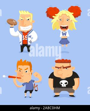 School Teen Adolescents Characters vector illustration, with jocks, cheerio, nerd and bully vector illustration. Stock Vector