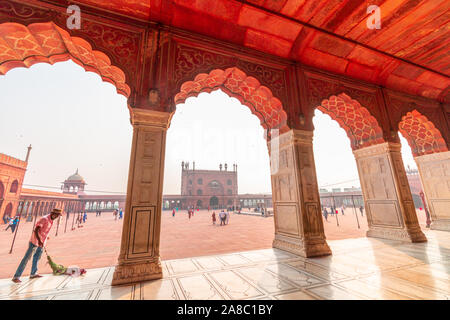 Interior and Exterior Jama Masjid of Delhi - The largest mosque of India Stock Photo