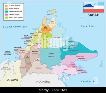 administrative and political map of the malayan state sabah with flag Stock Vector