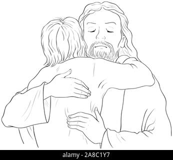 Jesus hugging child black and white illustration. Cartoon christian coloring page. Also available colored version Stock Photo