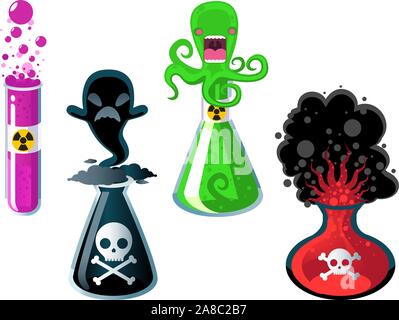 Test Tube Experiments, with four test tube with four different chemical experiments vector illustration. Stock Vector