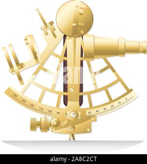 Old golden brass sextant old fashion Sailing Instrument vector illustration. Stock Vector