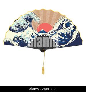 Traditional oriental fan decorated with big sea waves landscape. Stock Vector