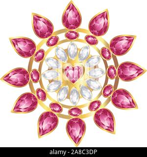 Fashion golden brooch design with pearl and ruby gems. Stock Vector