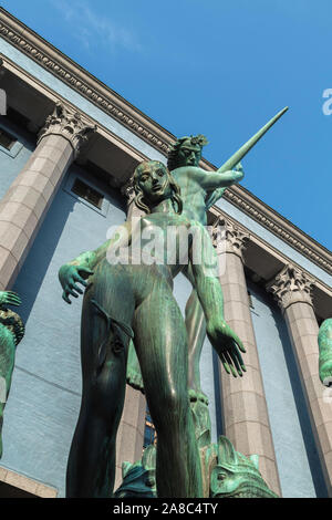 Stockholm art, view of the Orpheus fountain (Carl Milles 1936) sited in front of the Stockholm Concert Hall building in Hötorget square, Sweden. Stock Photo