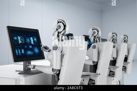 Automation worker concept with 3d rendering group of female cyborgs or robots work on desktop computer Stock Photo