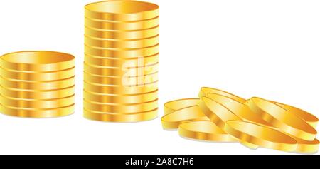 Illustration of piles of golden coins isolated on white background. Stock Vector