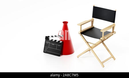 Clapboard and director's megaphone standing next to director's chair. 3D illustration. Stock Photo