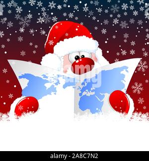 Santa Claus looks at a world map on a background of snowflakes. Santa is holding a world map. Stock Vector