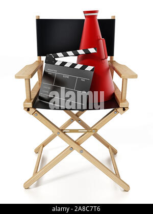 Clapboard and director's megaphone standing on director's chair. 3D illustration. Stock Photo