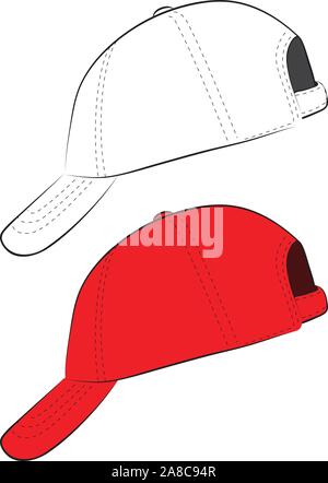 Simple baseball cap design in red and line art, black and white. Stock Vector