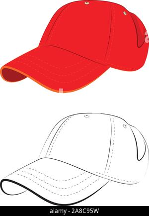 Simple baseball cap design in red and line art, black and white. Stock Vector