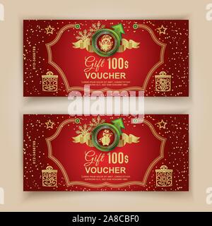 Christmas red voucher template with Santa in emblem, Snoqman in emblem . Value 100 dollars for department stores, business. Stock Vector