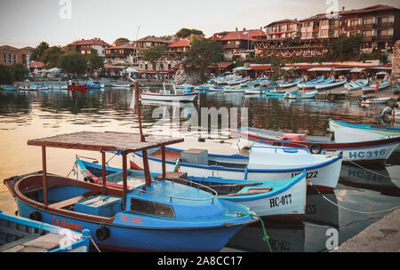 Nesebar, Bulgaria - July 20, 2014: Nesebar port view with moored small fishing motorboats Stock Photo