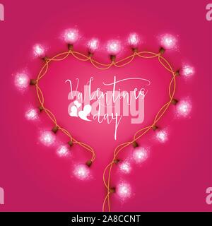 Happy Saint Valentine's day card with heart shaped light bulbs on pink background. Holiday illuminated frame made of garland wire - Vector illustratio Stock Vector