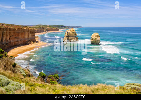 Two of the famous limestone rock stacks off the shore of Port Campbell National Park - Port Campbell, Victoria, Australia Stock Photo