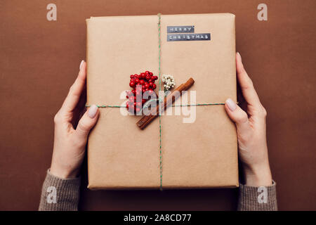 Close-up of female hands holding Christmas present decorated with berries and cinnamon isolated on brown background Stock Photo