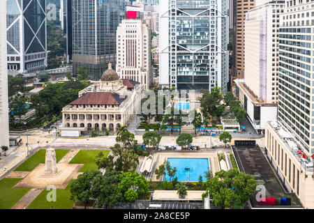 Aerial view of Hong Kong old colonial Central district with the Court of Final Appeal building and statue square in the heart of the business district