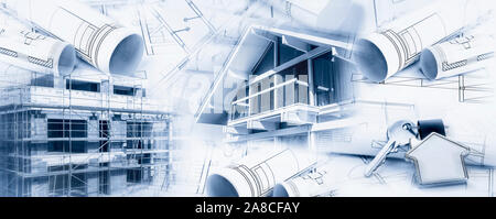 Compositing with house, shell, blueprints and keys Stock Photo