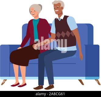 old couple seated in sofa avatar character Stock Vector