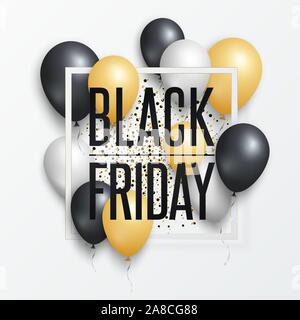 Black Friday Sale poster or banner with shiny balloons. Banner, poster on red background. Vector illustration EPS10 Stock Vector