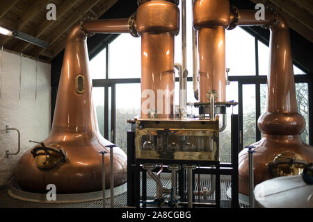 In the distillery still room at Kilchoman single malt whisky distillery, on Islay, Scotland, 16 October 2019. Stock Photo