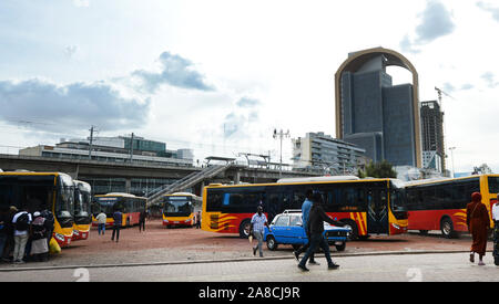 Bus station in Meskel Square in Addis Ababa. Stock Photo